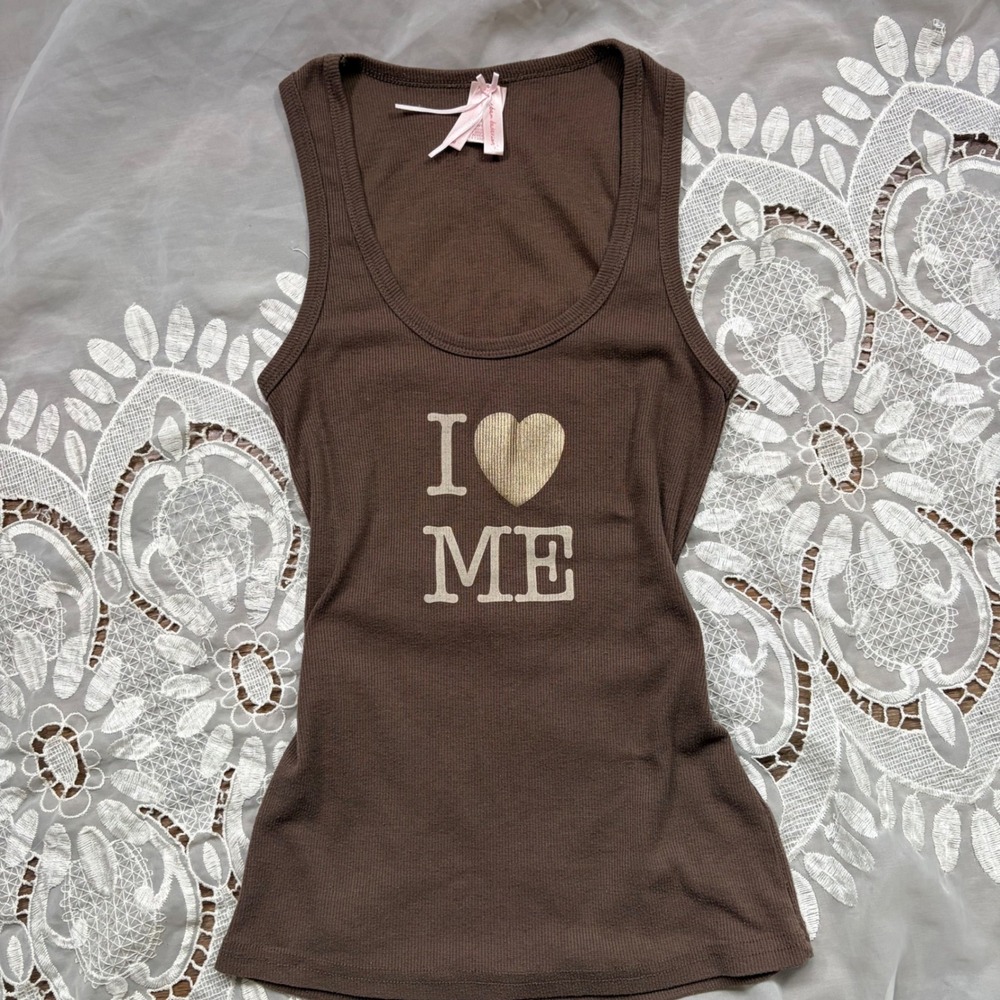Cutie Brown I Heart ME Graphic Ribbed Tank Top Y2K Size M